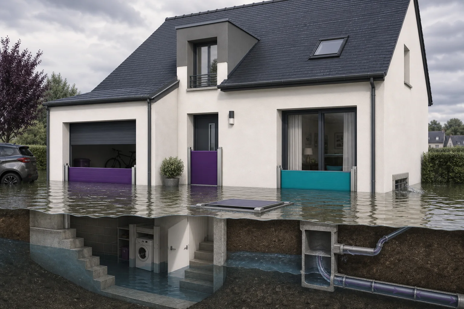 Maison en coupe montrant les principaux points à protéger contre les entrées d’eau